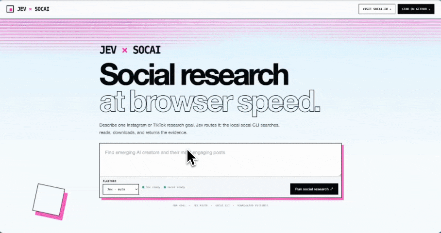 Jev Social local demo routing a goal to socai and streaming captured post cards